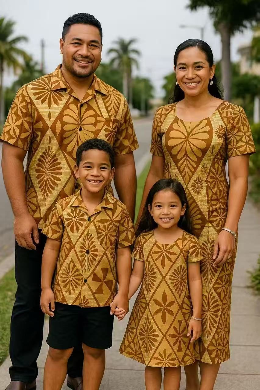 Family of four in matching golden tapa-print outfits
