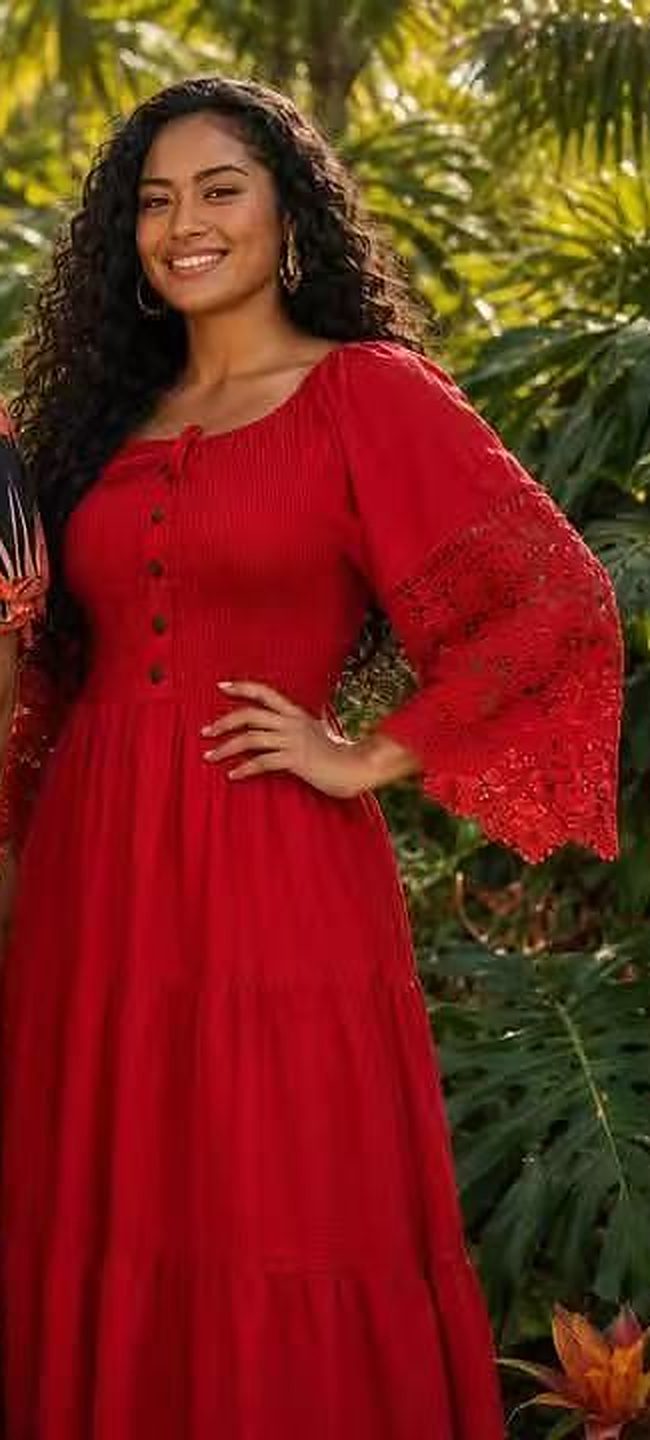Red tiered maxi dress with lace bell sleeves