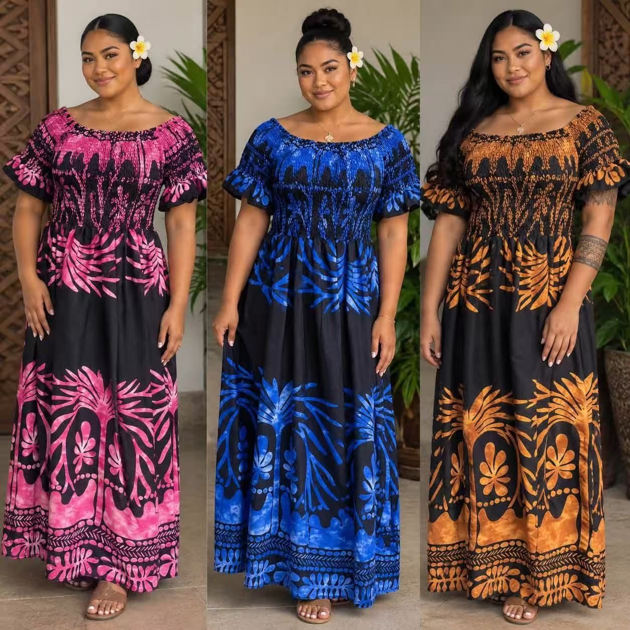 Smocked maxi dresses in pink, blue and gold prints